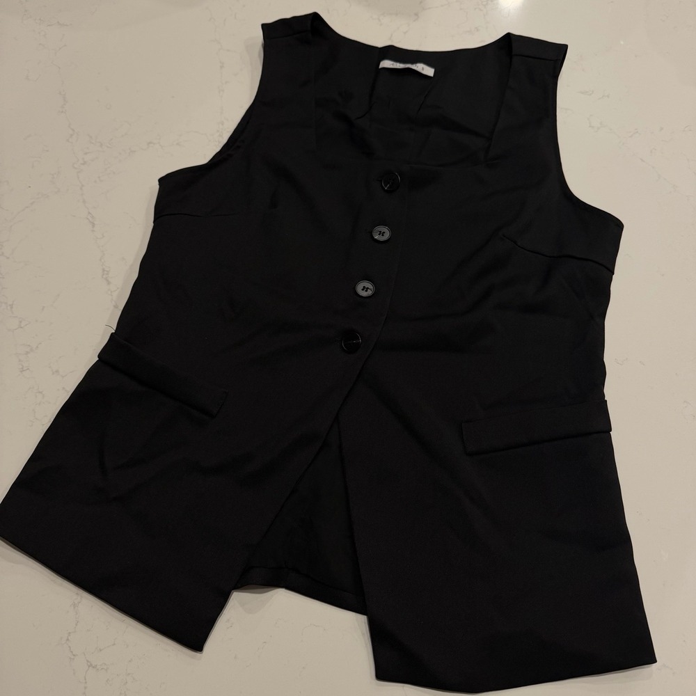 Black Suit Vest Women's Slim Square Neck Gilet SMALL Waistcoats Office Business